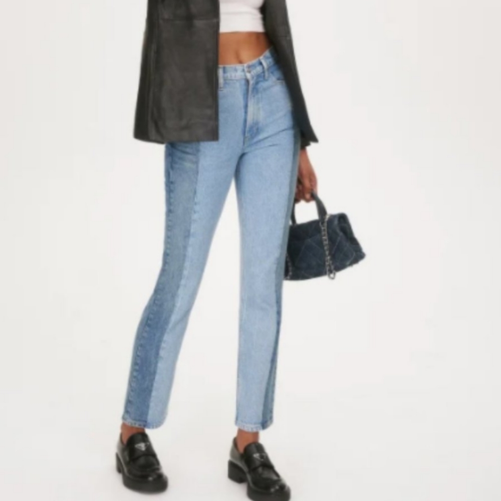 Reformation Two-Tone Light and Medium Blue Straight Leg Jeans